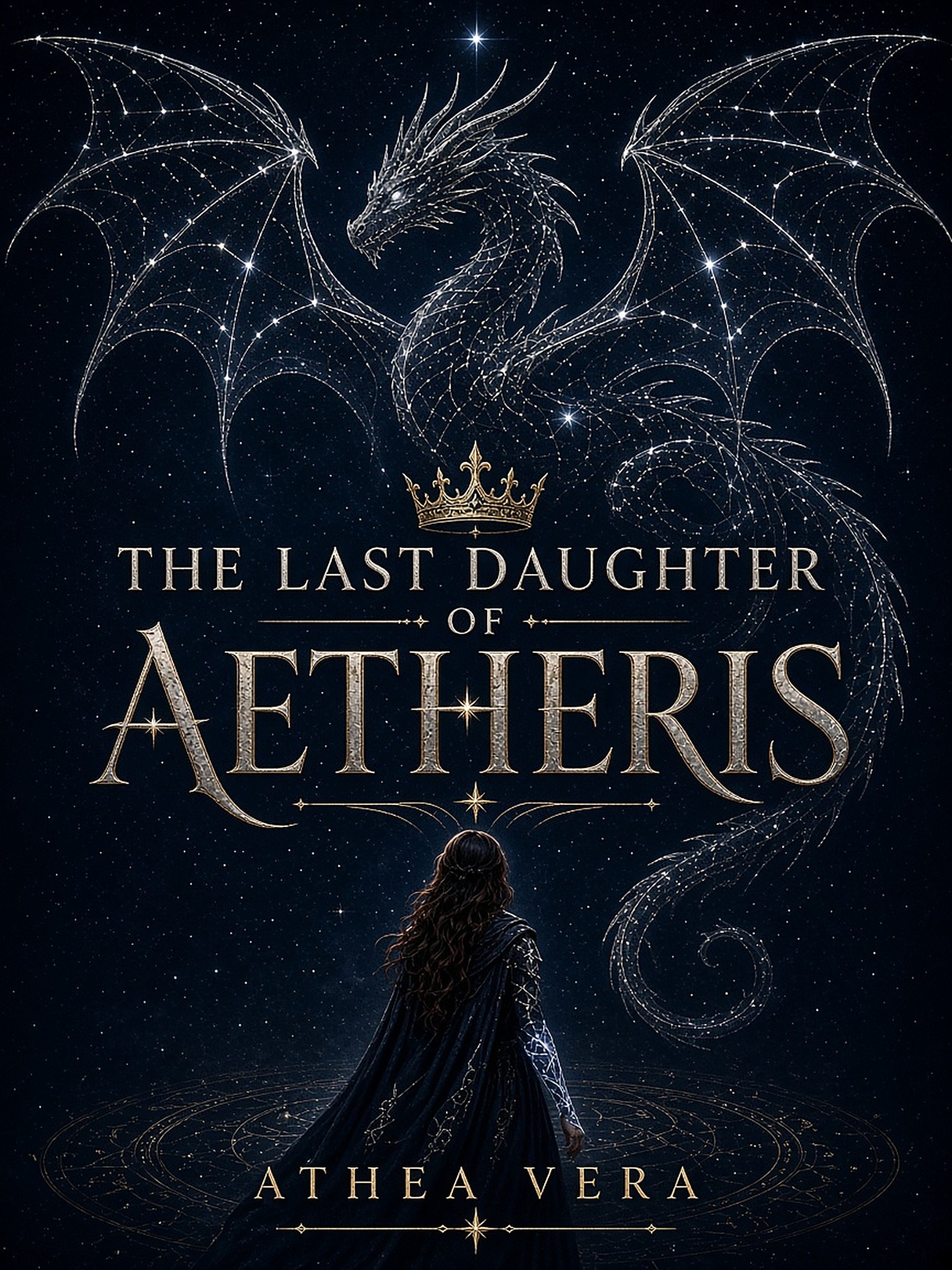 Official cover of The Last Daughter of Aetheris by ATHEA VERA, featuring a celestial dragon above Aurelia